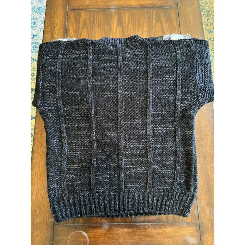 Vintage Front Line Chunky Cable Knit Crew Neck Sweater Leather Trim 80s Medium - Picture 4 of 6